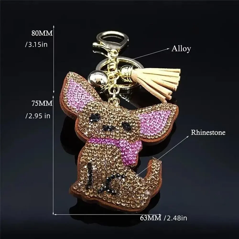 CHIHUAHUA Dog Key Ring Fob Clip on Plush Purse Charm Rhinestones Bling Brown
